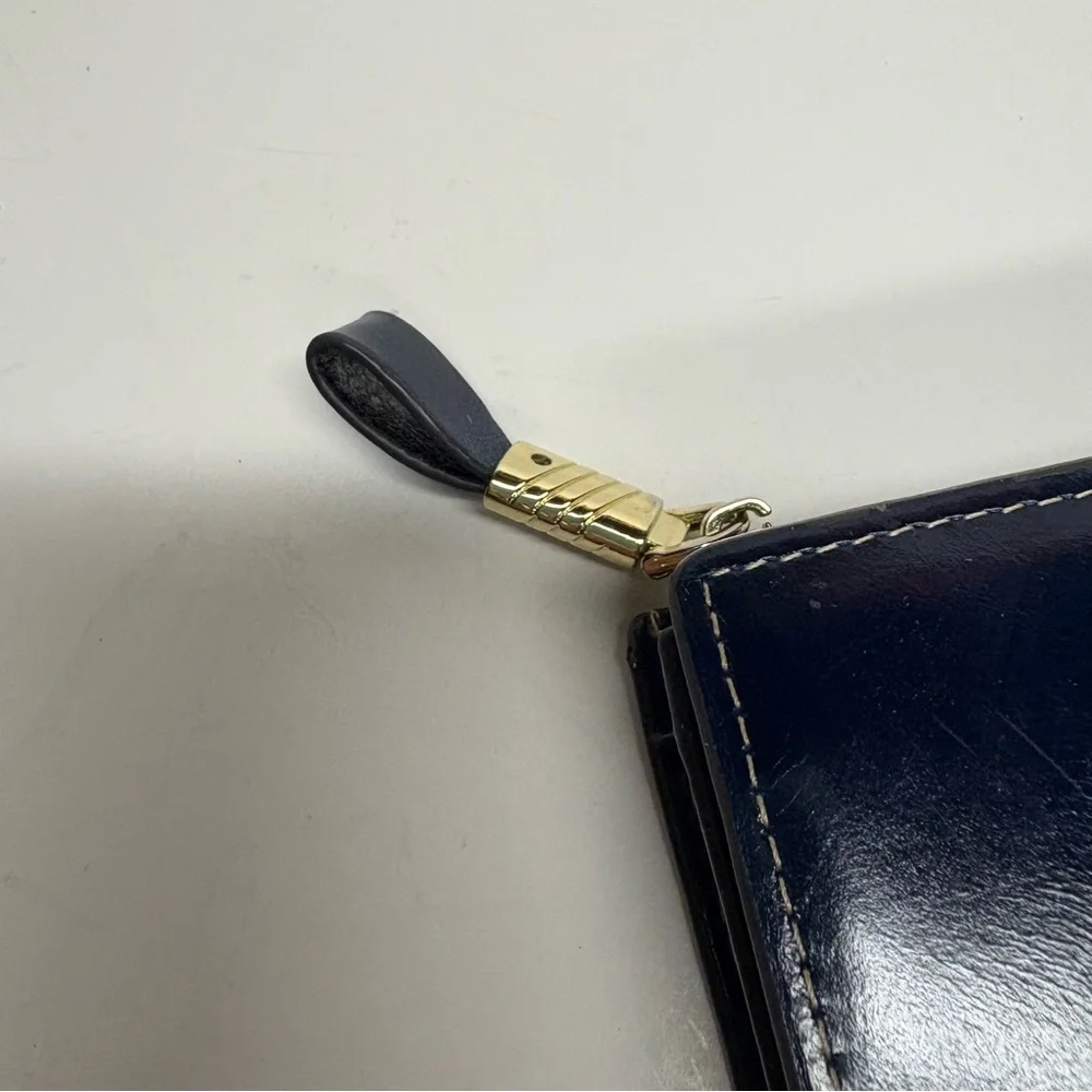 Navy Leather Wallet with Gold Zipper Clutch cardholder - Picture 9 of 10